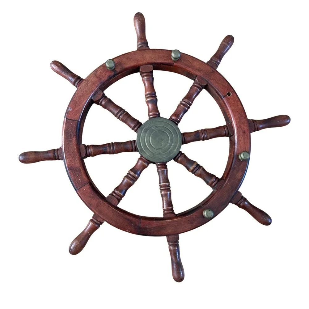 Vintage Wooden Ship Wheel 18 Inch Nautical Wall Decor Brass Hub Maritime Helm